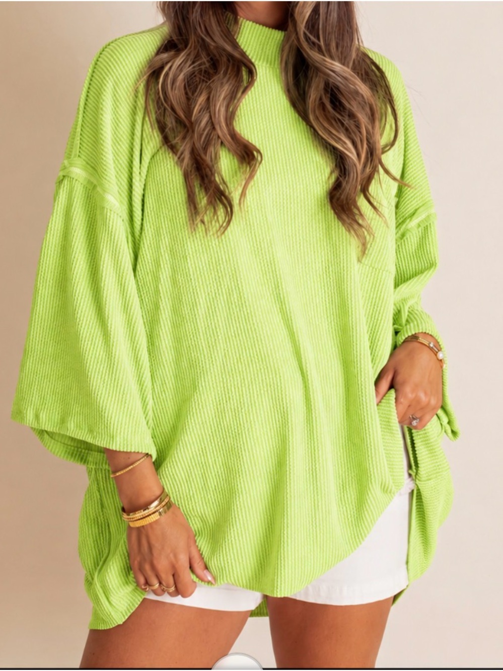 Mock Neck Ribbed Oversized Tunic Top in Neon Lime - Lightweight Ribbed Knit
